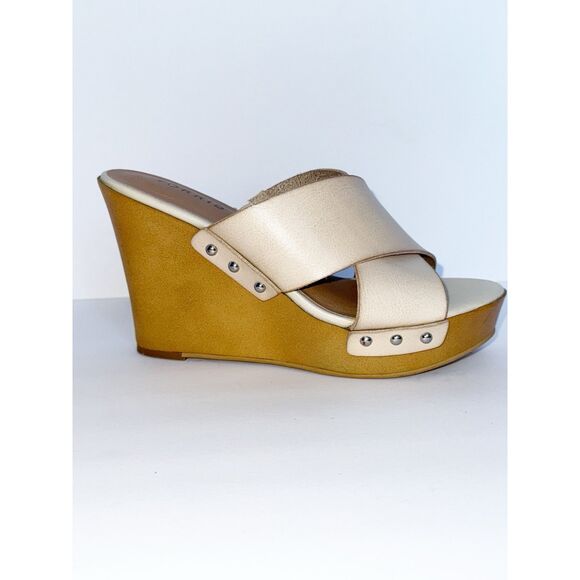 Torrid Platform Wedge Sandal Studded Faux Wood Crisscross Bone Beige Boho 8 WW - Picture 11 of 14